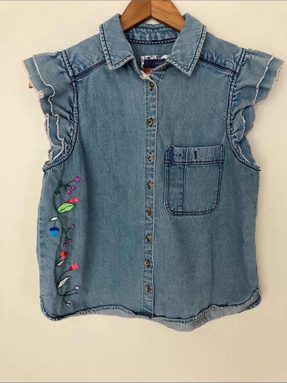 Pilcro Custom Made Embroidered Denim Ruffle-Sleeve Shirt
